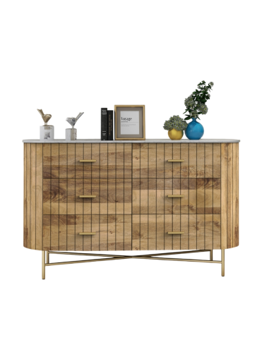 prit51 - commode piano 6 tiroirs marbre/acacia - 142x40x84cm