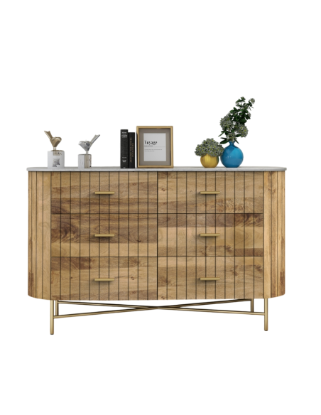 prit51 - commode piano 6 tiroirs marbre/acacia - 142x40x84cm