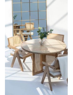 prit90 - table repas ronde bois / rotin - 120x120x76cm