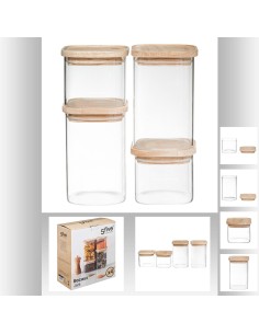 179624 - lot bocal x4 ver+bois hermet L. 11 x P. 11 x H. 25 cm