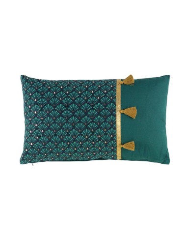 coussin dehoussable pompons 30x50 cm coton imp. metallise artchic bleu des place