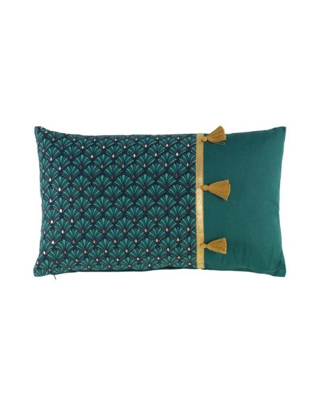 coussin dehoussable pompons 30x50 cm coton imp. metallise artchic bleu des place