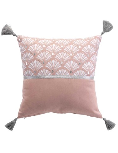 coussin dehoussable pompons 40x40 cm coton imp. metallise artchic rose des place