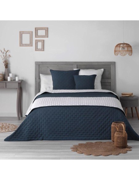 couvre lit 2 pers. matel. 220x240 cm microfibre bicolore mellow chic bleu/blanc