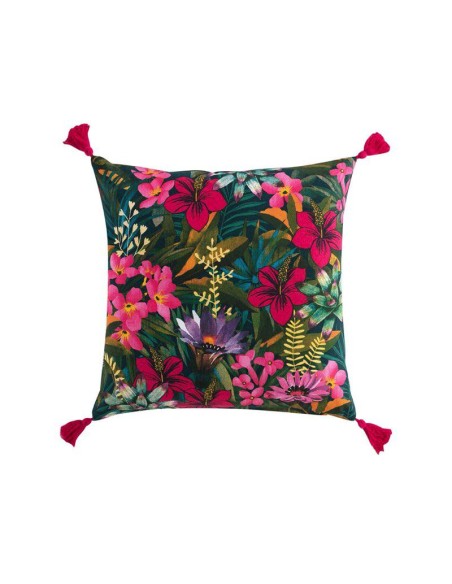 1609432-coussin dehous. compr. pompons 45 x 45 cm coton imprime eden flower des.