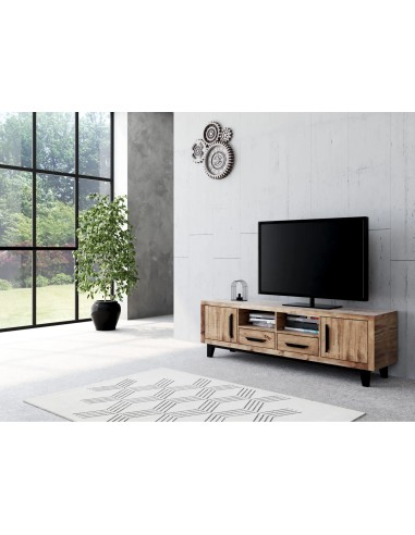 19186pi-patio meuble tv 2 portes 2 tiroirs 2 niches pin recycle 160x42x50h