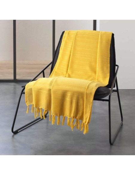 jete de canape a franges 220 x 240 cm coton tisse lilia jaune