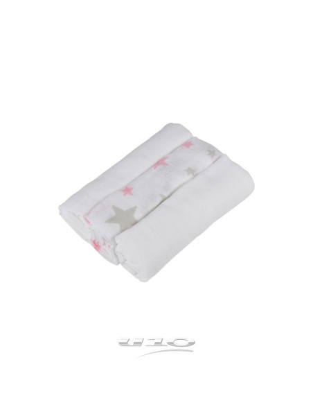 6tex224 - lot de 3 langes 100% coton 70*70cm 1 imprime / 2 unis essen'ciel