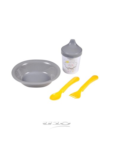 6rep241 - set repas 4 pieces avec assiette + couverts + tasse plastique essen'ci