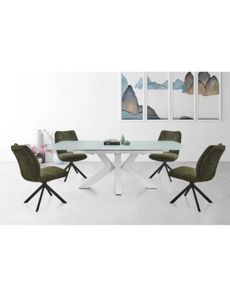 52940bl - table de repas oceane pied central métal nori verre trempé