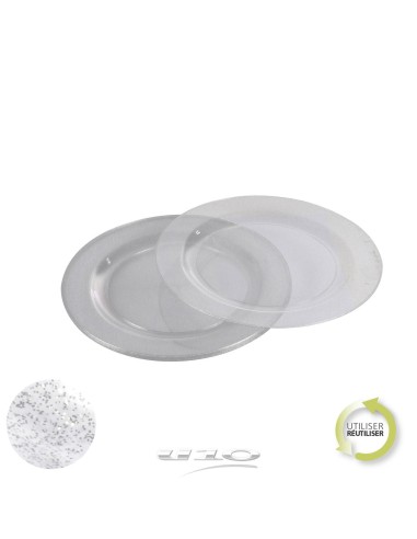 6asj110ag - set de 6 assiettes en plastique reutilisable d23cm paillete argent