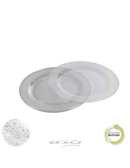 6asj110ag - set de 6 assiettes en plastique reutilisable d23cm paillete argent