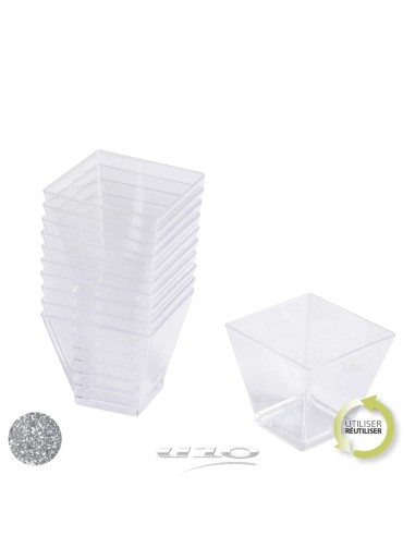 6vaj110ag - set de 25 verrines en plastique reutilisable  carre 60ml argent
