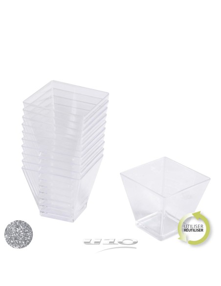 6vaj110ag - set de 25 verrines en plastique reutilisable  carre 60ml argent