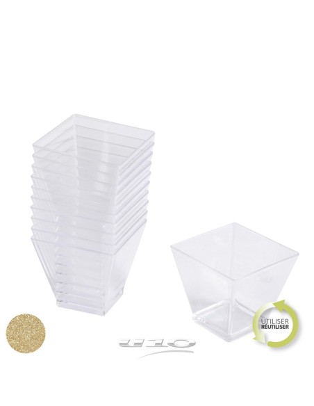 6vaj110or - set de 25 verrines en plastique reutilisable carre 60ml or