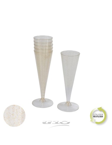 6goj049or - set de 6 flutes a champagne en plastique reutilisable 12cl -paillete