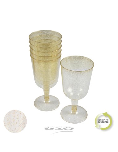 6goj043or - set de 6 verres a vin en plastique reutilisable 18cl  paillete or