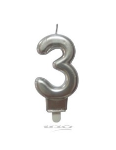 6bga083ag - bougie anniversaire chiffre 3 avec support plastique h8.8cm argent