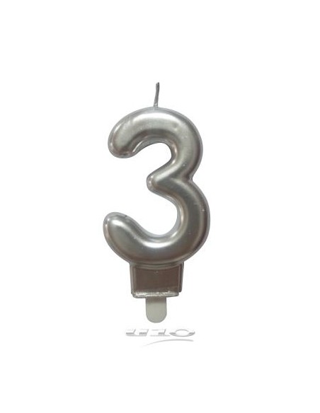 6bga083ag - bougie anniversaire chiffre 3 avec support plastique h8.8cm argent