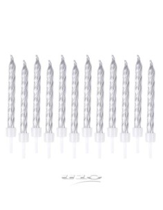 6bga090ag - set de 12 bougies metallisees avec support plastique h6cm argent