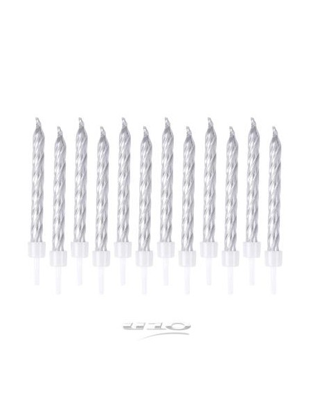 6bga090ag - set de 12 bougies metallisees avec support plastique h6cm argent
