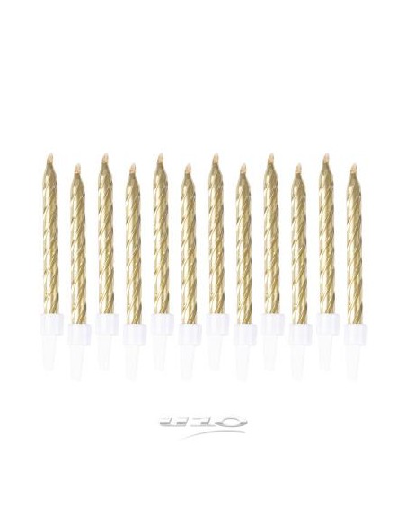 6bga090or - set de 12 bougies metallisees avec support plastique h6cm or