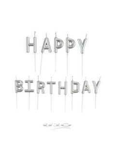 set de 13 bougies lettres happy birthday+ pic plastique h8cm argent