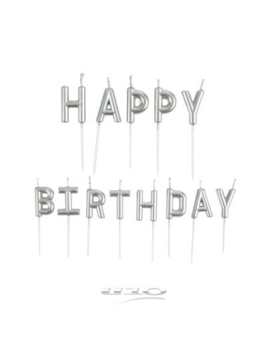 set de 13 bougies lettres happy birthday+ pic plastique h8cm argent