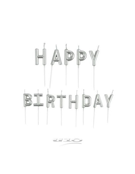 set de 13 bougies lettres happy birthday+ pic plastique h8cm argent