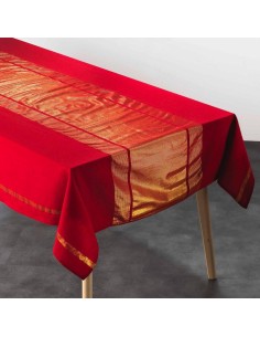 1731056-nappe rectangle 140 x 240 cm coton uni+fils metallises elegancia rouge/o