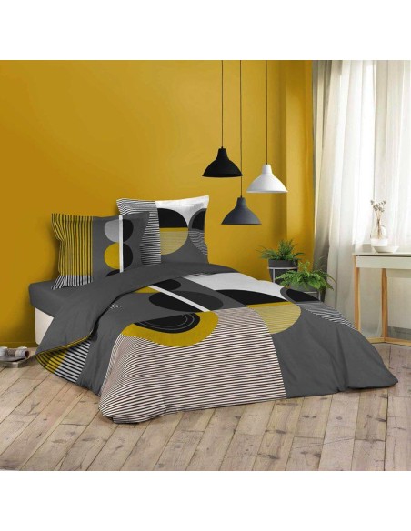 1643734-parure 3 p. 240 x 220 cm imprime 42 fils dessin place sixties jaune