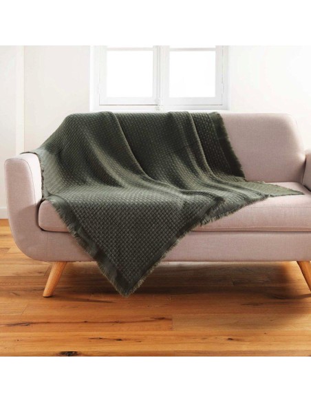 1609604-plaid a franges 125 x 150 cm acrylique coraline kaki