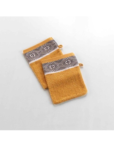 2 gants de toilette 15 x 21 cm eponge unie jacquard esteban ocre