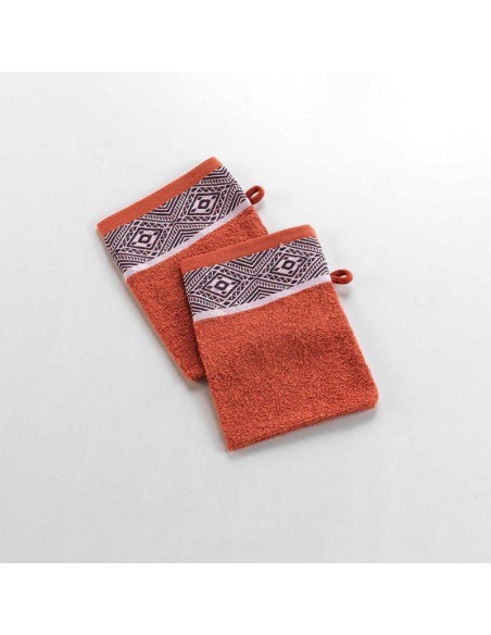 2 gants de toilette 15 x 21 cm eponge unie jacquard esteban terracotta