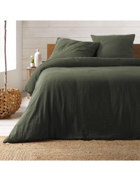 1643824-parure 3 p. 240 x 220 cm double gaze coton uni 57 fils angelia kaki