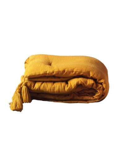 chemin de lit +pompons 80 x 180 cm gaze de coton uni angelia jaune