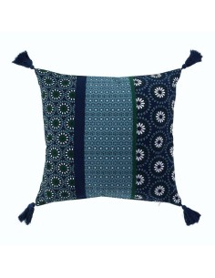 housse coussin pompons +encart 40 x 40 cm coton imprime catalaya bleu des. place