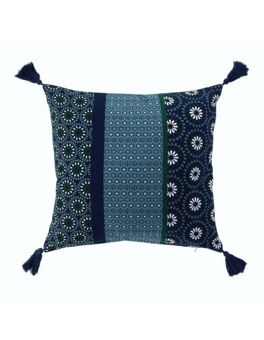 housse coussin pompons +encart 40 x 40 cm coton imprime catalaya bleu des. place