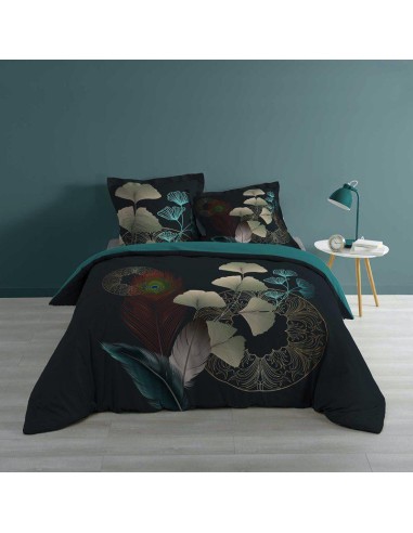 1643557-parure 3 p. 260 x 240 cm imprime 57 fils dessin place ginkoblue