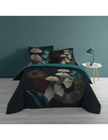 1643557-parure 3 p. 260 x 240 cm imprime 57 fils dessin place ginkoblue