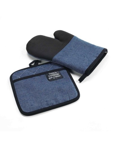 gant + manique 18 x 28 cm/20 x 20 cm chambray uni+pvc harold rouge