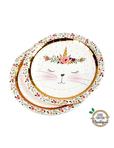 set de 6 assiettes en carton d23cm boho chat sans film plastique