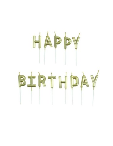 set de 13 bougies lettres happy birthday+ pic plastique h8cm or