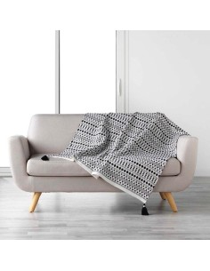 plaid a pompons 125 x 150 cm coton tisse maldives blanc/noir
