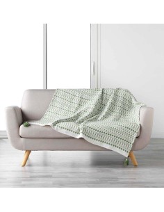 plaid a pompons 125 x 150 cm coton tisse maldives blanc/kaki